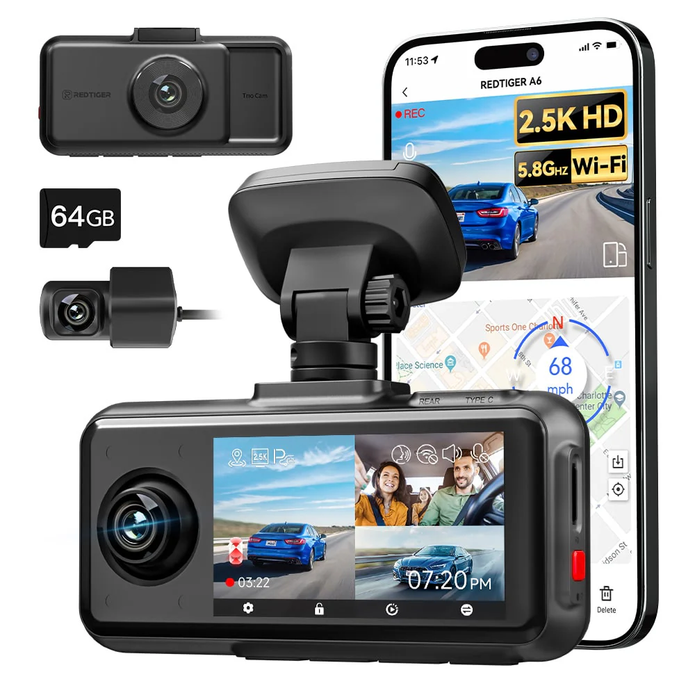 Redtiger A6 4K 3-Channel Dash Cam 5.8Ghz Wifi Voice Control Dash Cam - Image 14