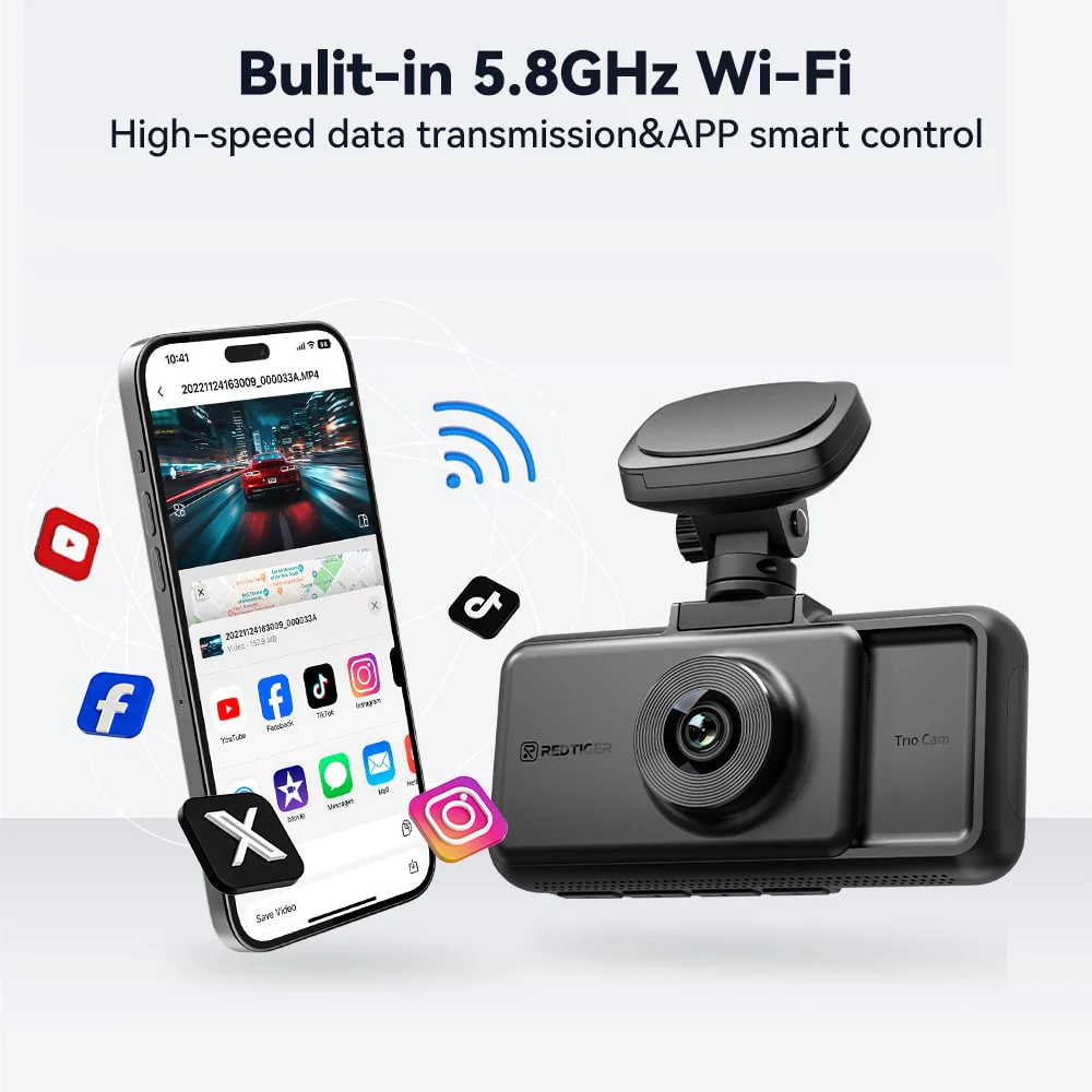 Redtiger A6 4K 3-Channel Dash Cam 5.8Ghz Wifi Voice Control Dash Cam - Image 5
