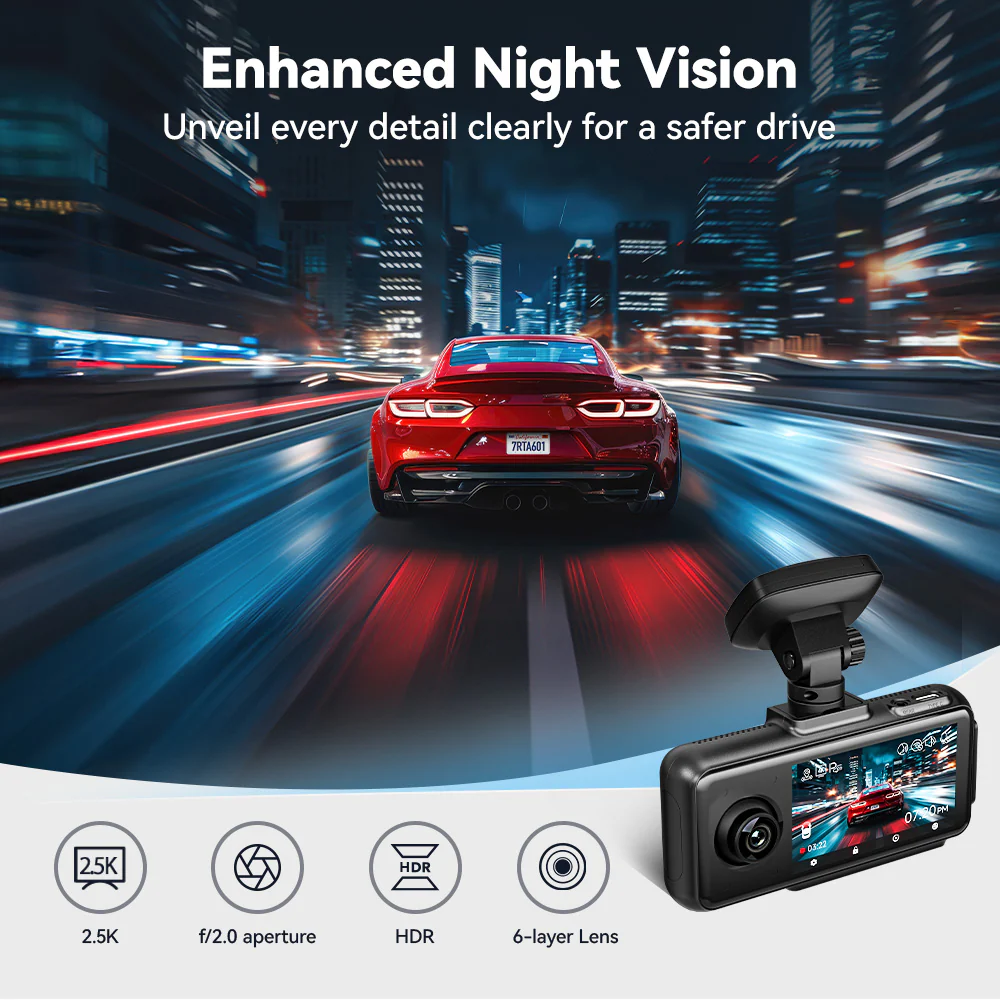 Redtiger A6 4K 3-Channel Dash Cam 5.8Ghz Wifi Voice Control Dash Cam - Image 6