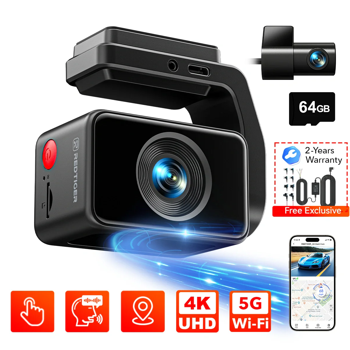 Redtiger A4 4K+1080P Voice Control 5.8GHz WIFI Dash Cam - Image 6